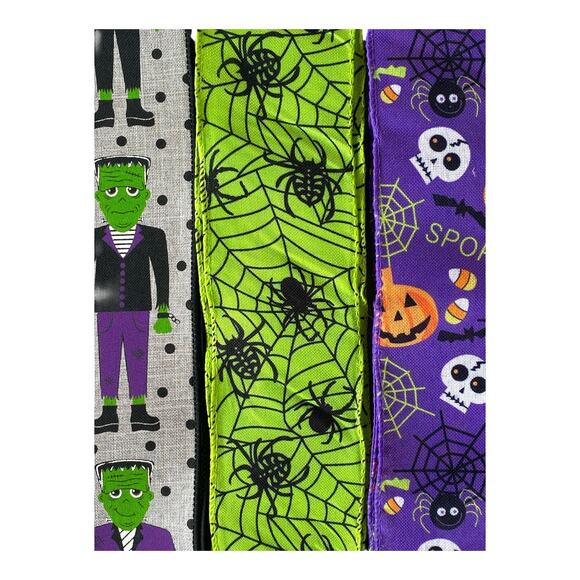 Halloween Ribbon Bundle – Frankenstein, Spider Web & Skull Wired Ribbons - Picture 3 of 5